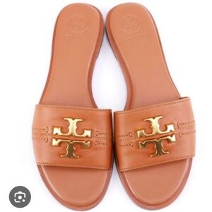 Tory Burch Brown Slides with Gold Emblem